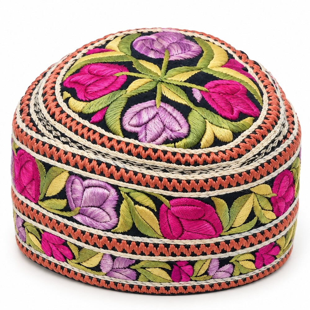 Vintage Handmade Embroidered Topi Skullcap Floral Folk Art Hat 21"